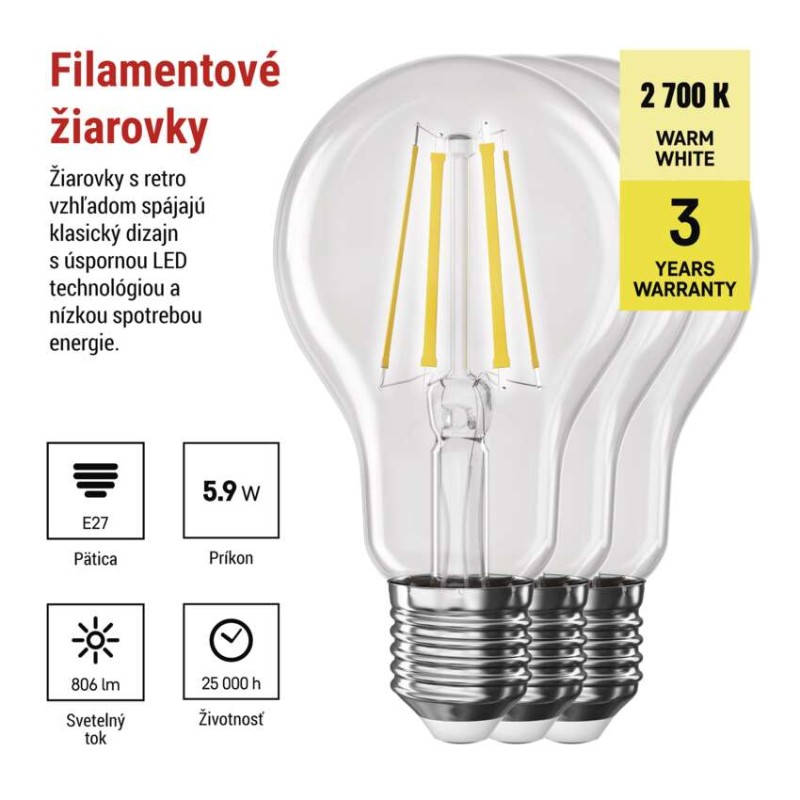 LED žiarovka Filament A60 / E27 / 5,9 W (60 W) / 806 lm / Teplá biela