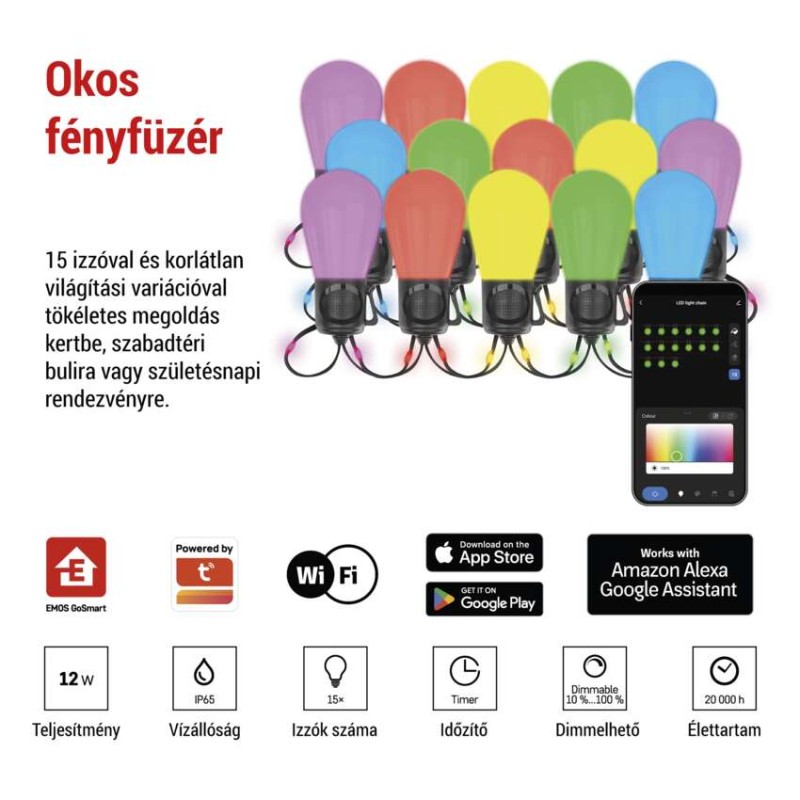 GoSmart LED fényfüzér – 15× parti izzók, 15 m, kültéri és beltéri, RGBIC WiFi