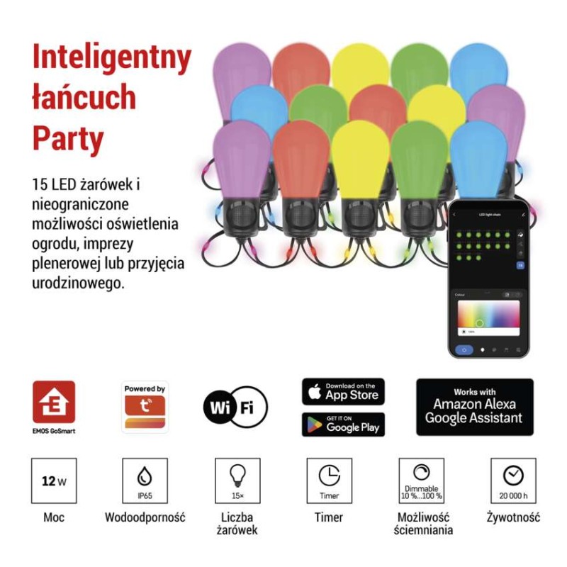 GoSmart Łańcuch świetlny LED RGB IC, 15 żarówek, 15 m, IP 65, WiFi
