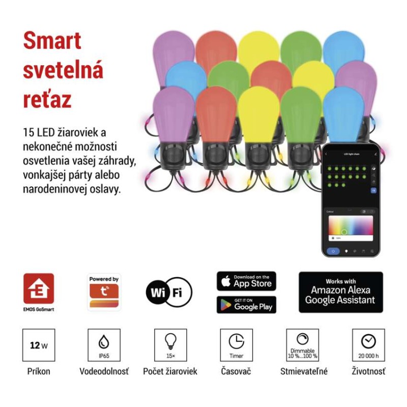 GoSmart LED svetelný reťazec – 15× párty žiarovky, 15 m, vonkajšie aj vnútorné, RGBIC WiFi