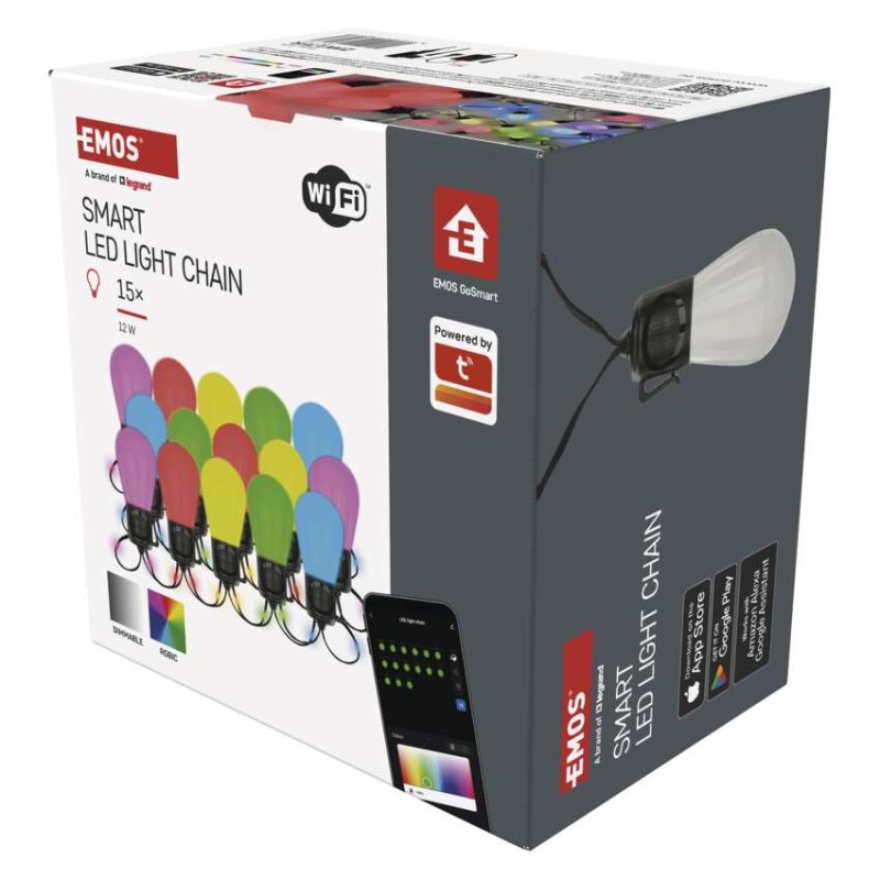 GoSmart LED světelný řetěz – 15× párty žárovky, 15 m, venkovní i vnitřní, RGBIC WiFi
