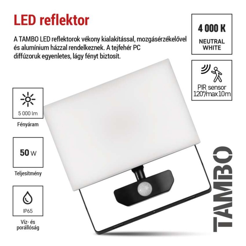 LED-es reflektor TAMBO mozgásérzékelővel, 50 W, 5000 lm, fekete