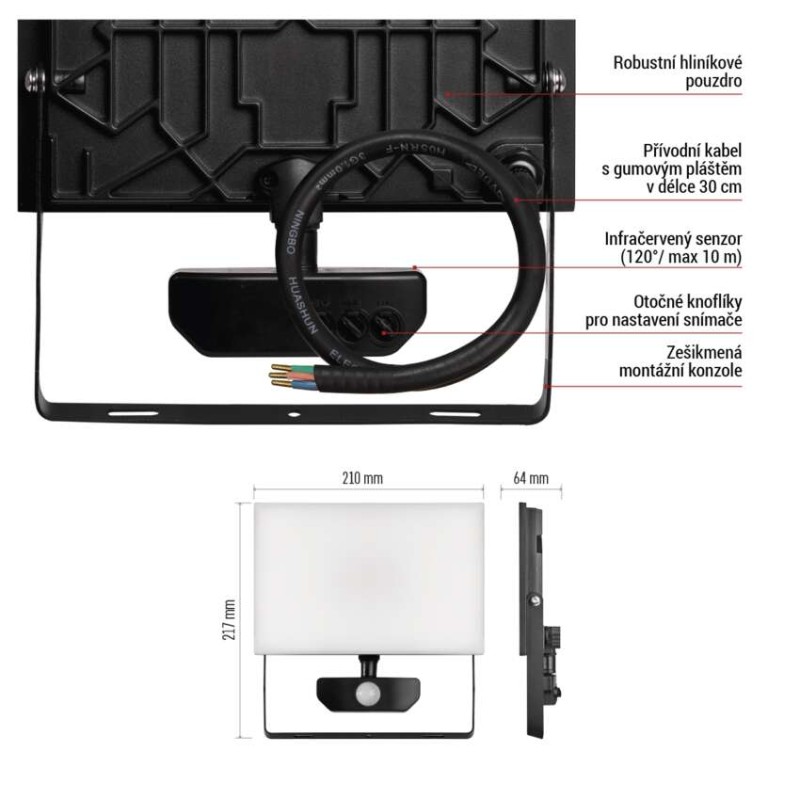 LED reflektor TAMBO se senzorem pohybu, 50 W, 5000 lm, černý