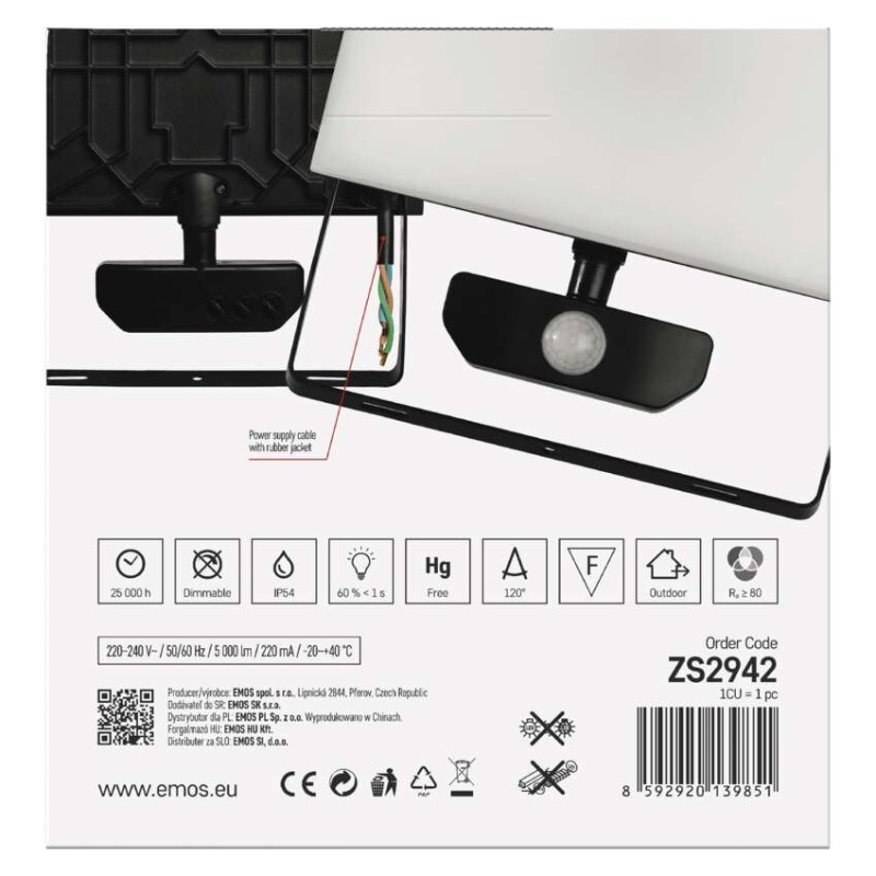 LED-es reflektor TAMBO mozgásérzékelővel, 50 W, 5000 lm, fekete