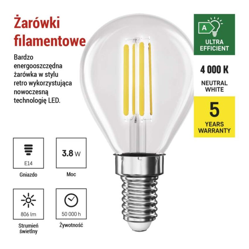 Żarówka LED Filament Mini Globe A CLASS/ E14 / 3,8 W (60 W) / 806 lm / neutralna biel