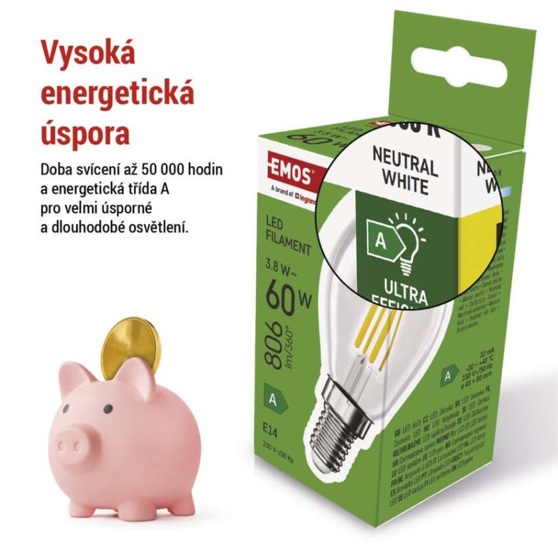 LED žárovka Filament Mini Globe  A CLASS/ E14 / 3,8 W (60 W) / 806 lm / neutrální bílá