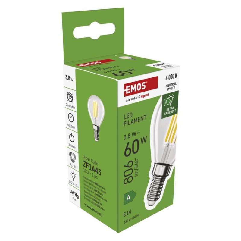 LED žiarovka Filament Mini Globe A CLASS / E14 / 3,8 W (60 W) / 806 lm / Neutrálna biela