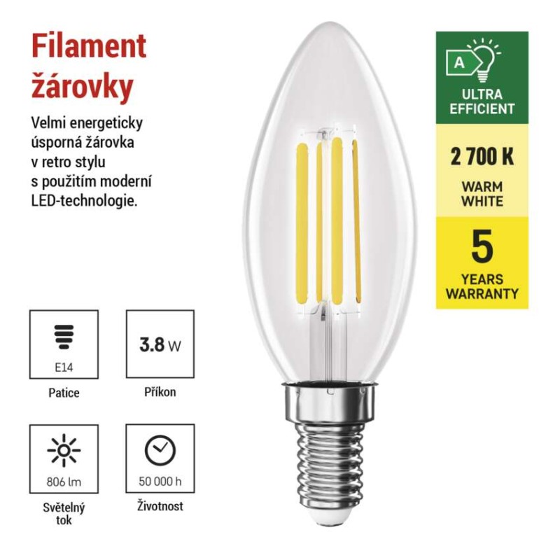 LED žárovka Filament svíčka A CLASS / E14 / 3,8 W (60 W) / 806 lm / teplá bílá