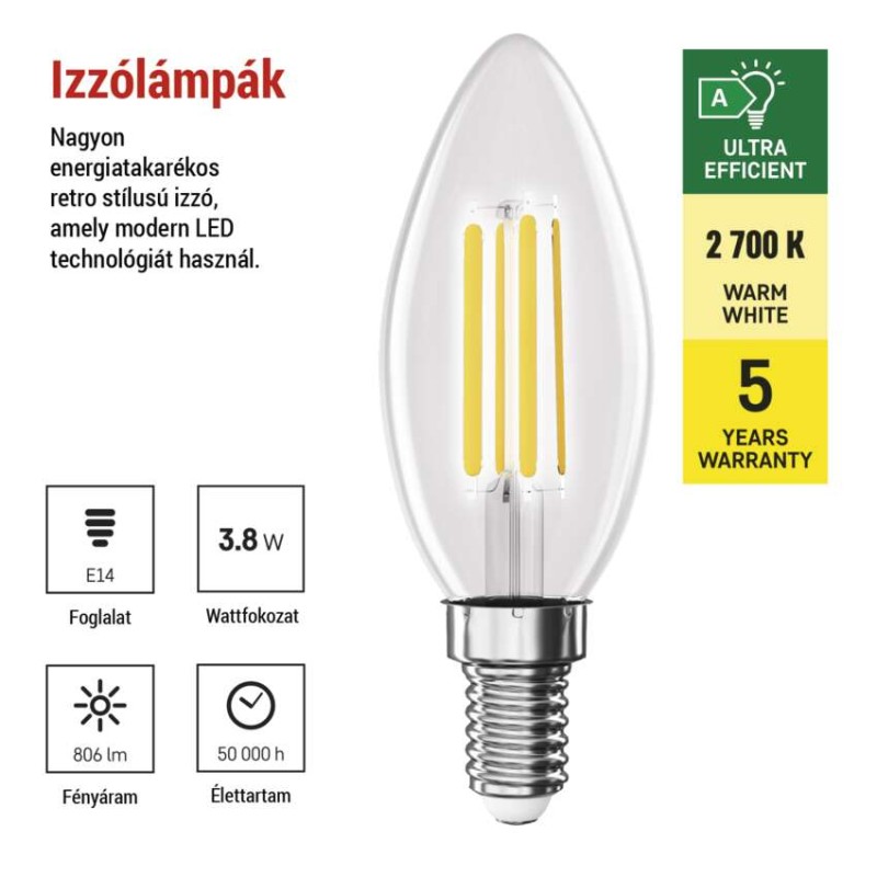 LED izzó Filament gyertya A CLASS/ E14 / 3,8 W (60 W) / 806 lm / Meleg fehér