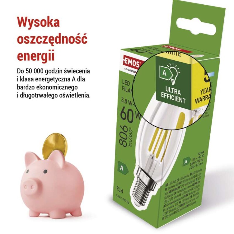 Żarówka LED Filament świeczka A CLASS / E14 / 3,8 W (60 W) / 806 lm / ciepła biel