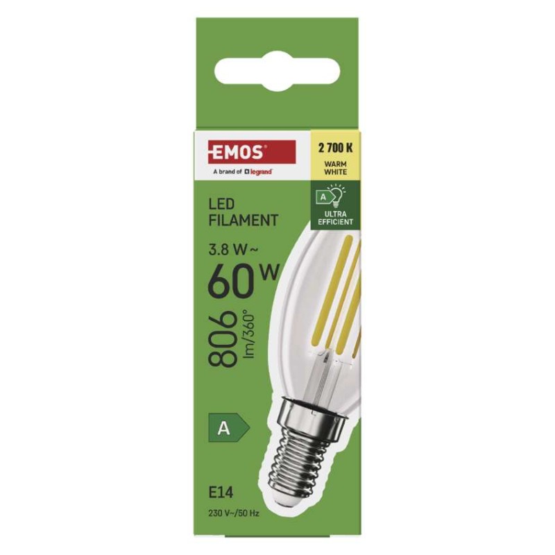 LED izzó Filament gyertya A CLASS/ E14 / 3,8 W (60 W) / 806 lm / Meleg fehér