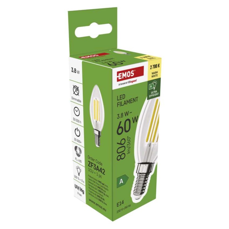 LED izzó Filament gyertya A CLASS/ E14 / 3,8 W (60 W) / 806 lm / Meleg fehér