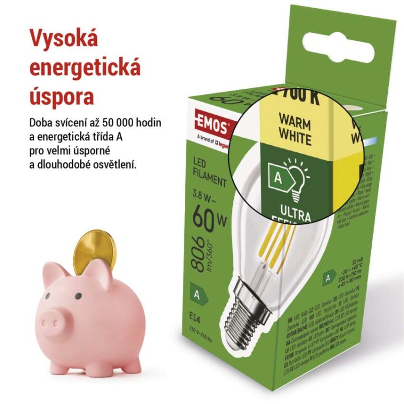 LED žárovka Filament Mini Globe A CLASS/ E14 / 3,8 W (60 W) / 806 lm / teplá bílá