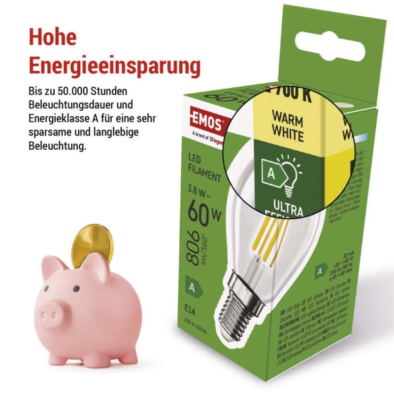 LED Lampe Filament Mini Globe A CLASS / E14 / 3,8 W (60 W) / 806 lm / Warmweiß