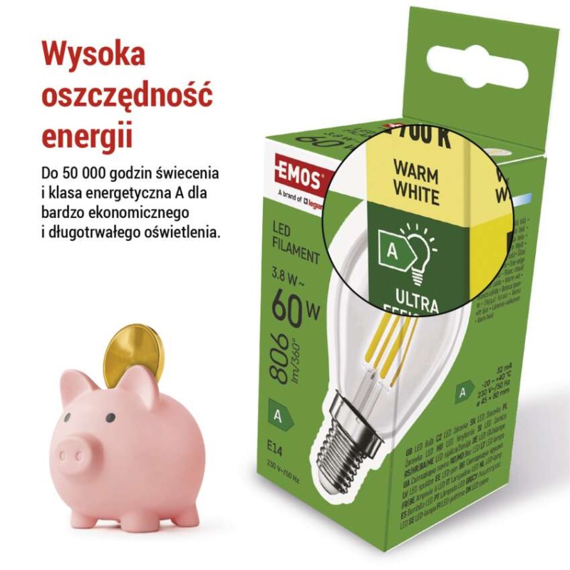 Żarówka LED Filament Mini Globe A CLASS / E14 / 3,8 W (60 W) / 806 lm / ciepła biel