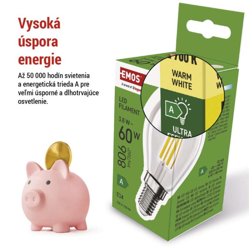 LED žiarovka Filament Mini Globe A CLASS / E14 / 3,8 W (60 W) / 806 lm / teplá biela