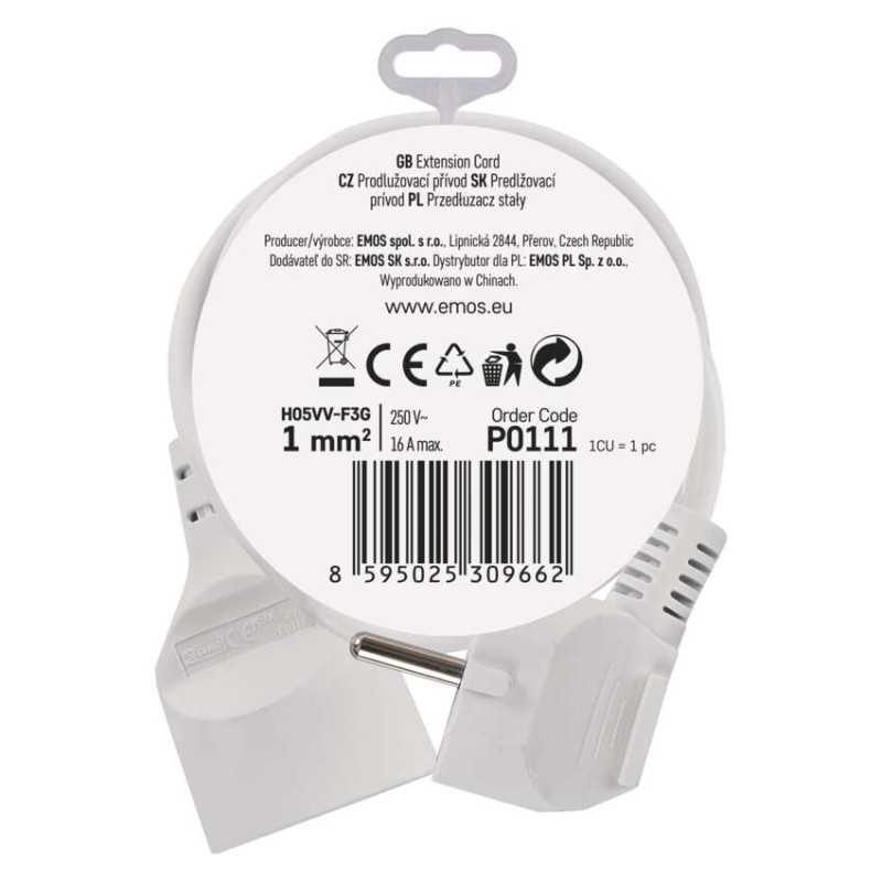 Prodlužovací kabel 1,5 m / 1 zásuvka / bílý / PVC / 1 mm2