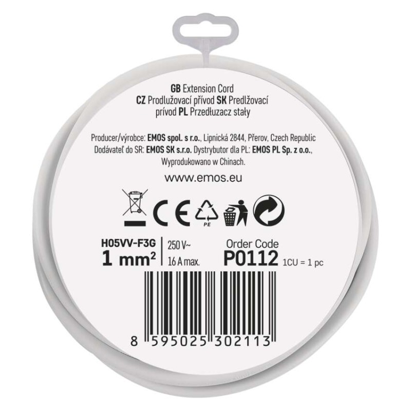 Przedłużacz 2 m / 1 gniazdo / biały / PVC / 1 mm2