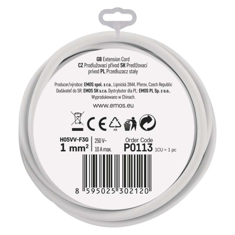 Prodlužovací kabel 3 m / 1 zásuvka / bílý / PVC / 1 mm2