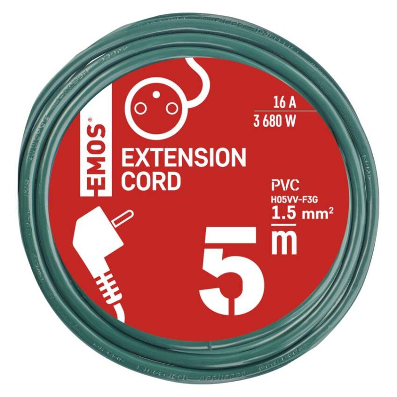 Predlžovací kábel 5 m / 1 zásuvka / zelený / PVC / 1,5 mm2