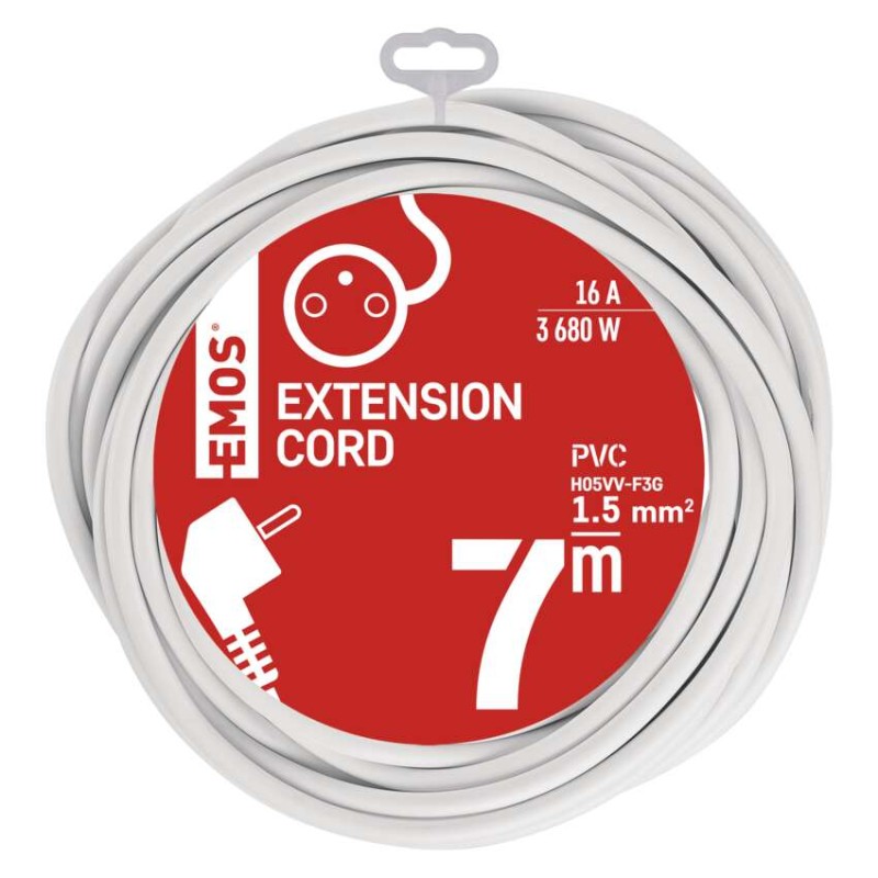 Predlžovací kábel 7 m / 1 zásuvka / biely / PVC / 1,5 mm2