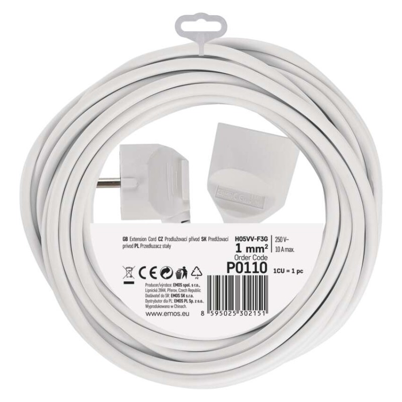 Prodlužovací kabel 10 m / 1 zásuvka / bílý / PVC / 1 mm2