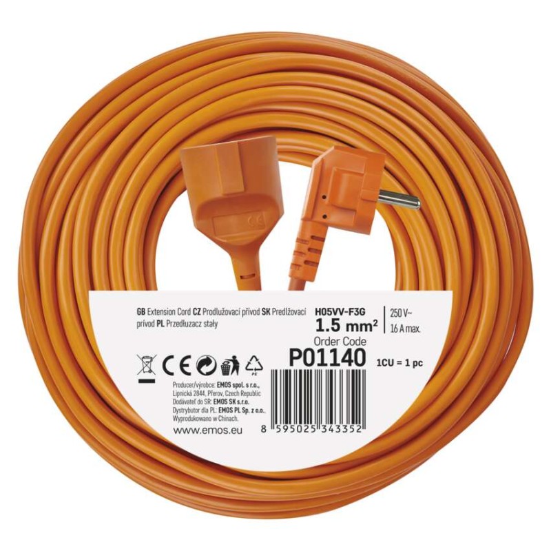 Prodlužovací kabel 40 m / 1 zásuvka / oranžový / PVC / 230 V / 1,5 mm2