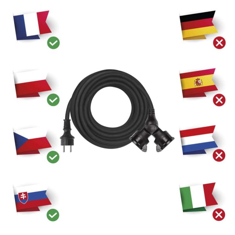 Venkovní prodlužovací kabel 10 m / 2 zásuvky / černý / guma / 230 V / 1,5 mm2