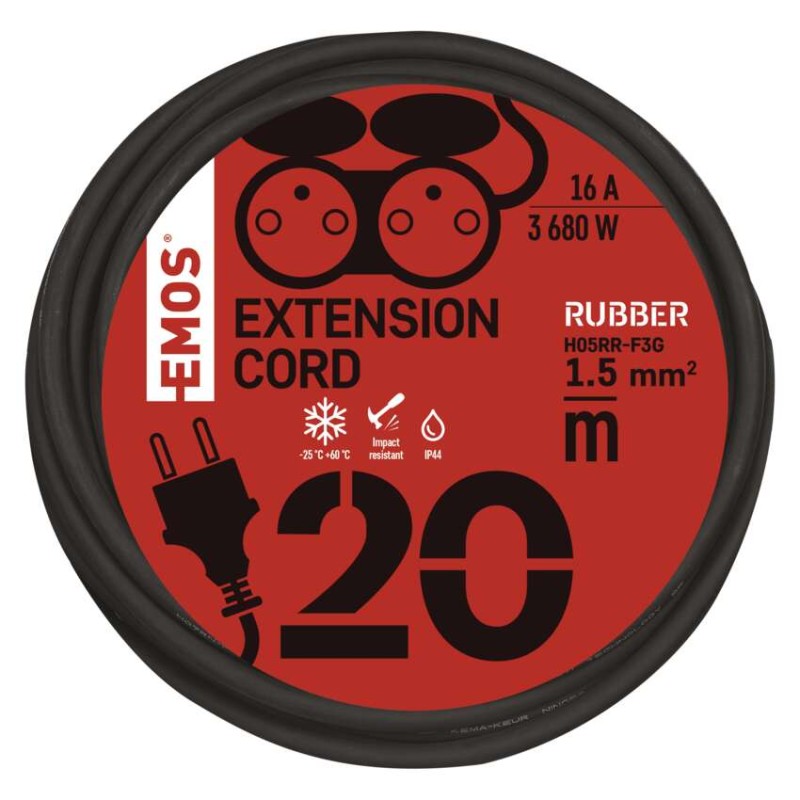 Przedłużacz ogrodowy 20 m / 2 gniazda / czarny / guma / 230 V / 1,5 mm2