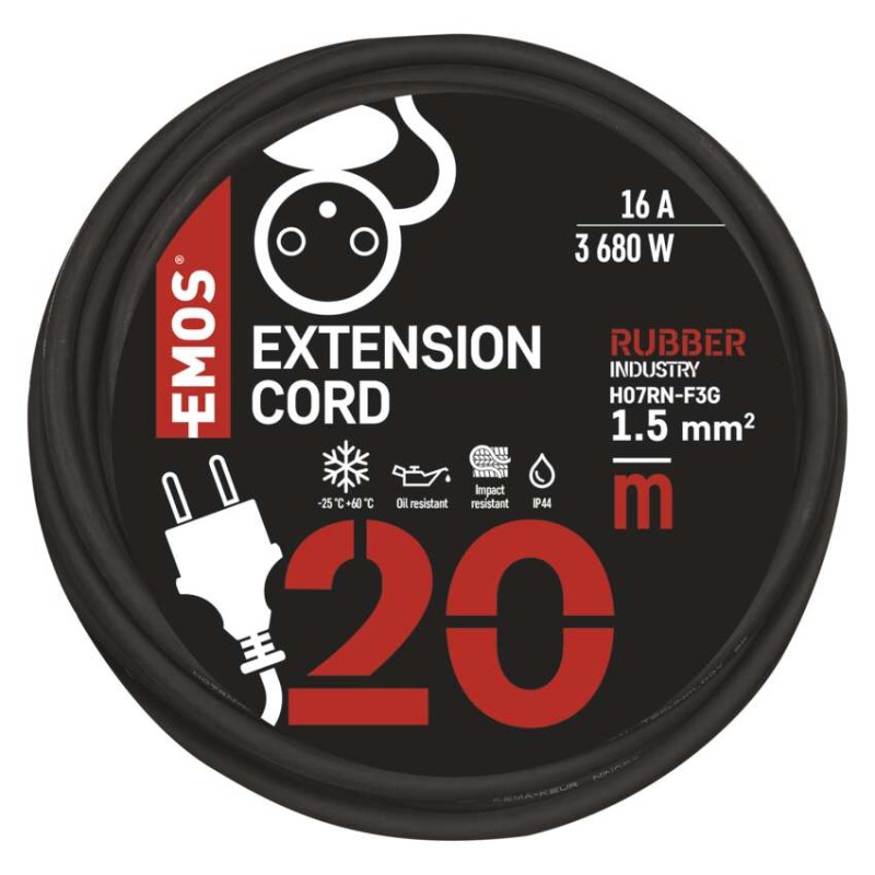 Venkovní prodlužovací kabel 20 m / 1 zásuvka / černý / guma-neopren / 230 V / 1,5 mm2