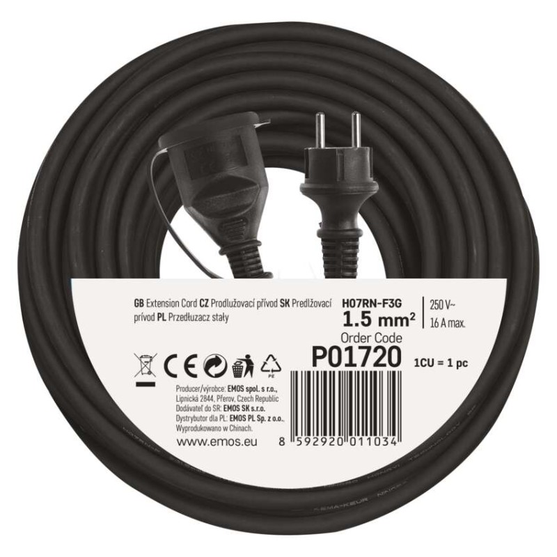 Venkovní prodlužovací kabel 20 m / 1 zásuvka / černý / guma-neopren / 230 V / 1,5 mm2
