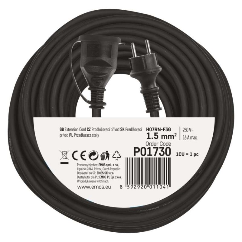 Venkovní prodlužovací kabel 30 m / 1 zásuvka / černý / guma-neopren / 230 V / 1,5 mm2