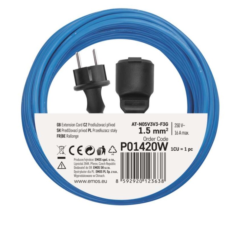Počasí odolný prodlužovací kabel 20 m / 1 zásuvka / modrý / PVC / 230 V / 1,5 mm2