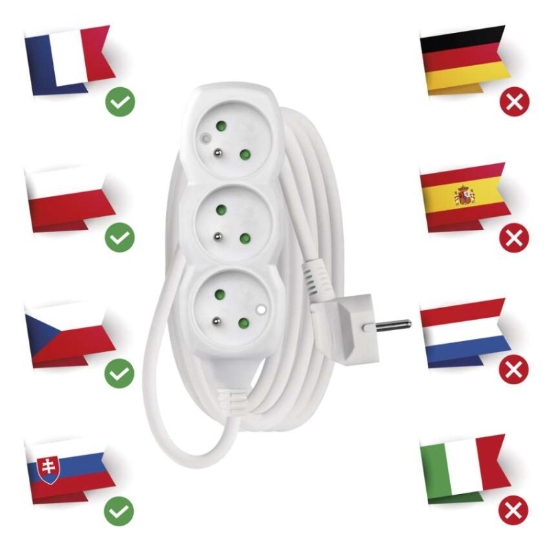 Przedłużacz 3 m / 3 gniazda / biały / PVC / 1,5 mm2