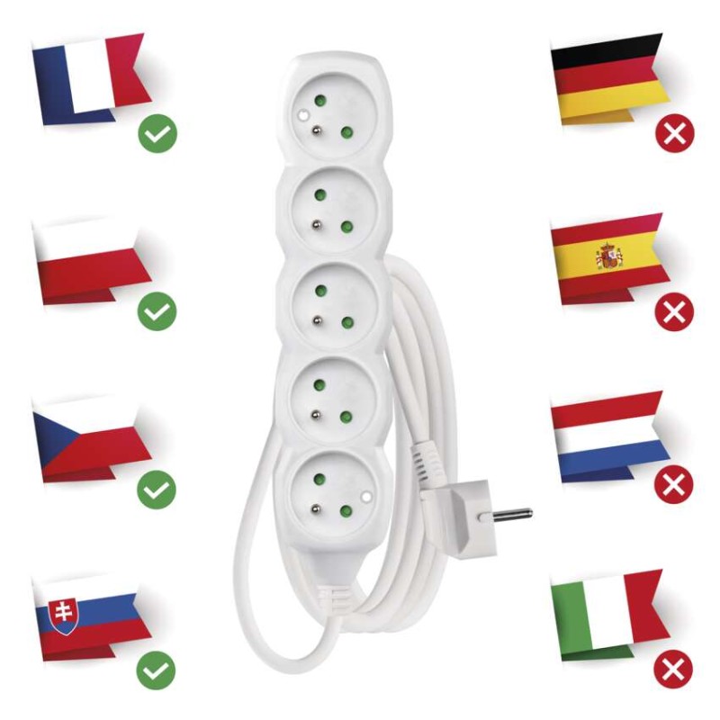 Predlžovací kábel 3 m / 5 zásuviek / biely / PVC / 1,5 mm2