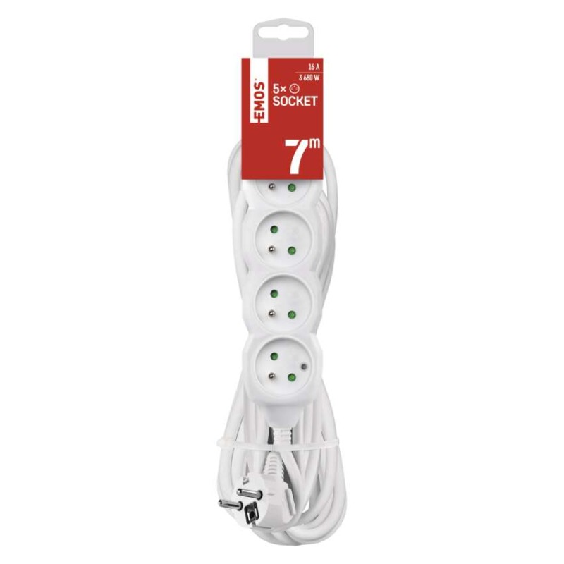 Przedłużacz 7 m / 5 gniazd / biały / PVC / 1,5 mm2