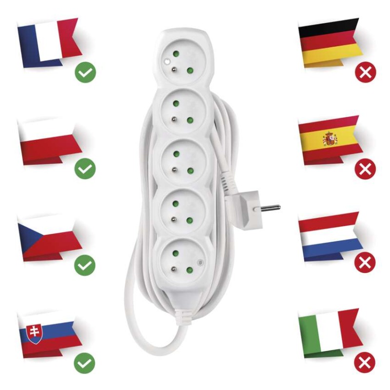 Predlžovací kábel 10 m / 5 zásuviek / biely / PVC / 1 mm2