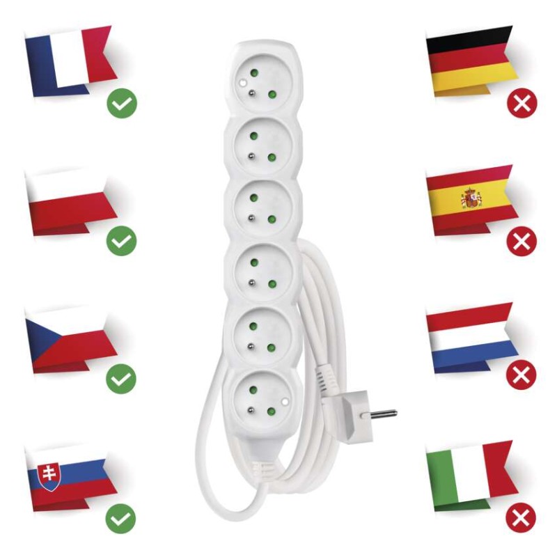 Przedłużacz 3 m / 6 gniazd / biały / PVC / 1,5 mm2