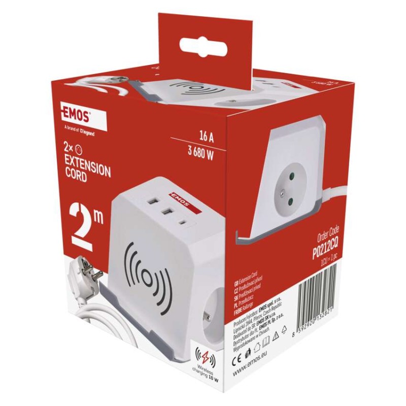 Przedłużacz - kostka 2 m / 2 gniazda / biały / 2×USB-A + 1×USB-C+Qi / 1,5 mm2