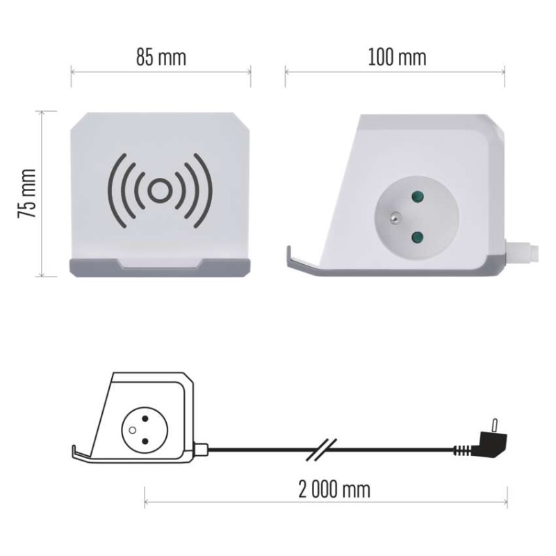 Przedłużacz - kostka 2 m / 2 gniazda / biały / 2×USB-A + 1×USB-C+Qi / 1,5 mm2
