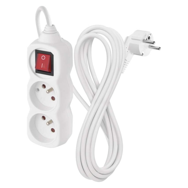 Prodlužovací kabel 3 m / 2 zásuvky / s vypínačem / bílý / PVC / 1 mm2
