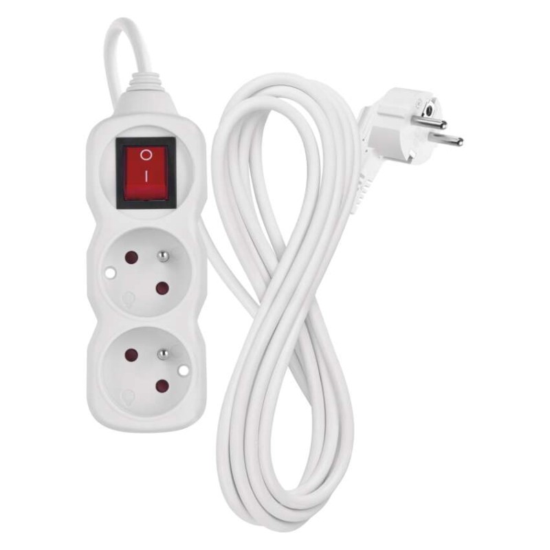 Prodlužovací kabel 3 m / 2 zásuvky / s vypínačem / bílý / PVC / 1 mm2
