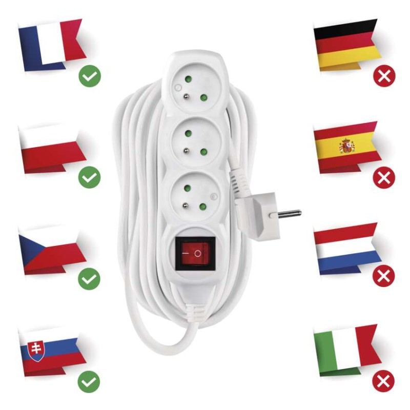 Prodlužovací kabel 10 m / 3 zásuvky / s vypínačem / bílý / PVC / 1 mm2