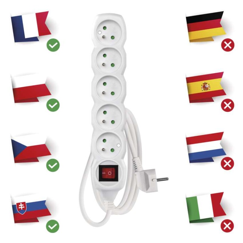 Przedłużacz 2 m / 5 gniazd / z wyłącznikiem / biały / PVC / 1 mm2