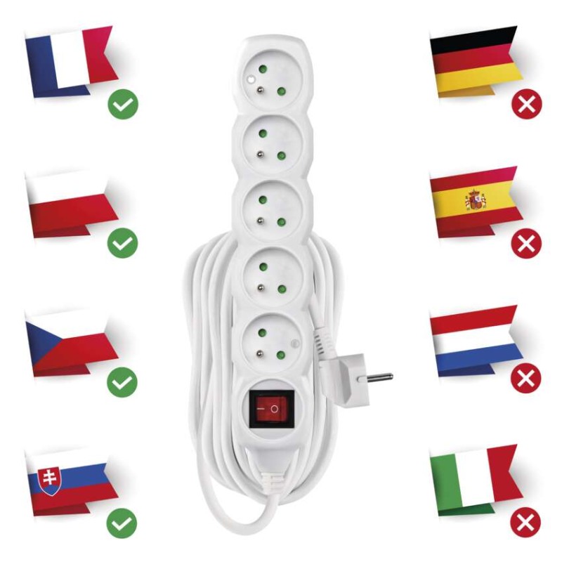 Predlžovací kábel 10 m / 5 zásuviek / s vypínačom / biely / PVC / 1,5 mm2