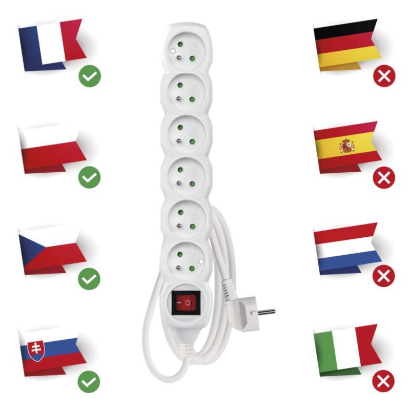 Prodlužovací kabel 2 m / 6 zásuvek / s vypínačem / bílý / PVC / 1 mm2