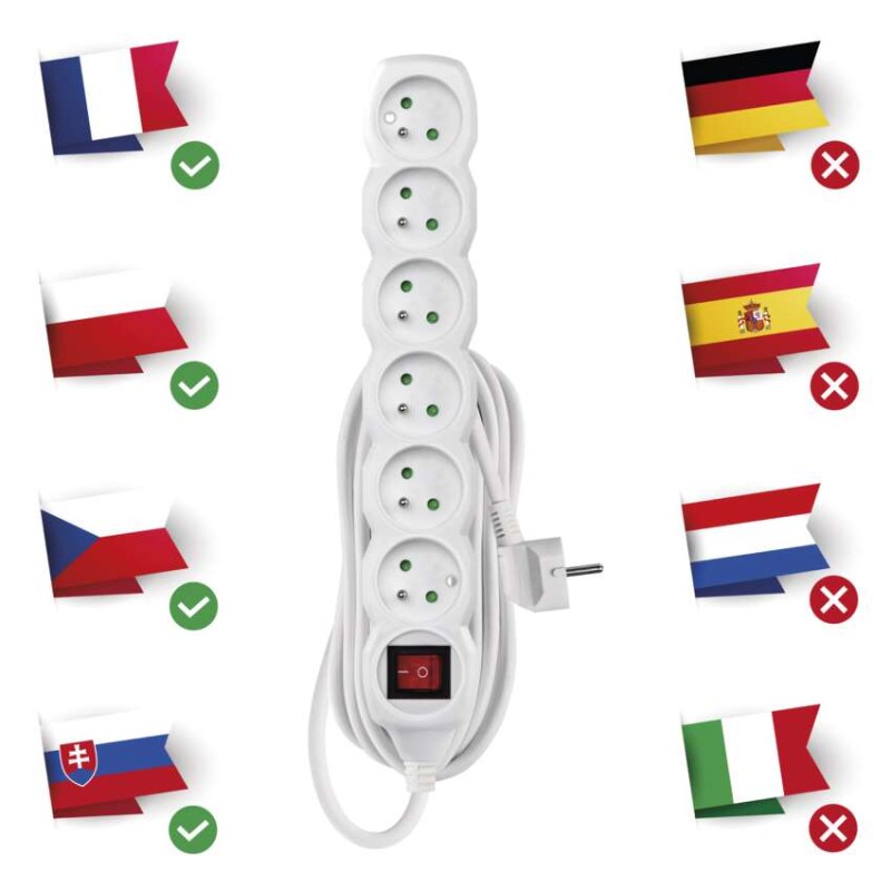 Prodlužovací kabel 5 m / 6 zásuvek / s vypínačem / bílý / PVC / 1,5 mm2