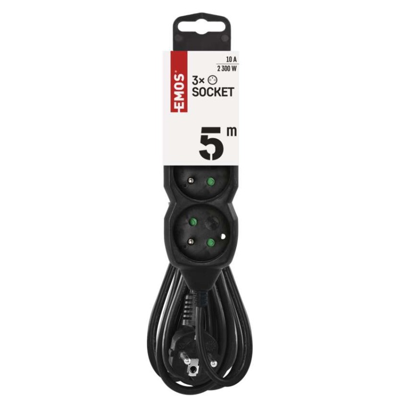 Prodlužovací kabel 5 m / 3 zásuvky / černý / PVC / 1 mm2