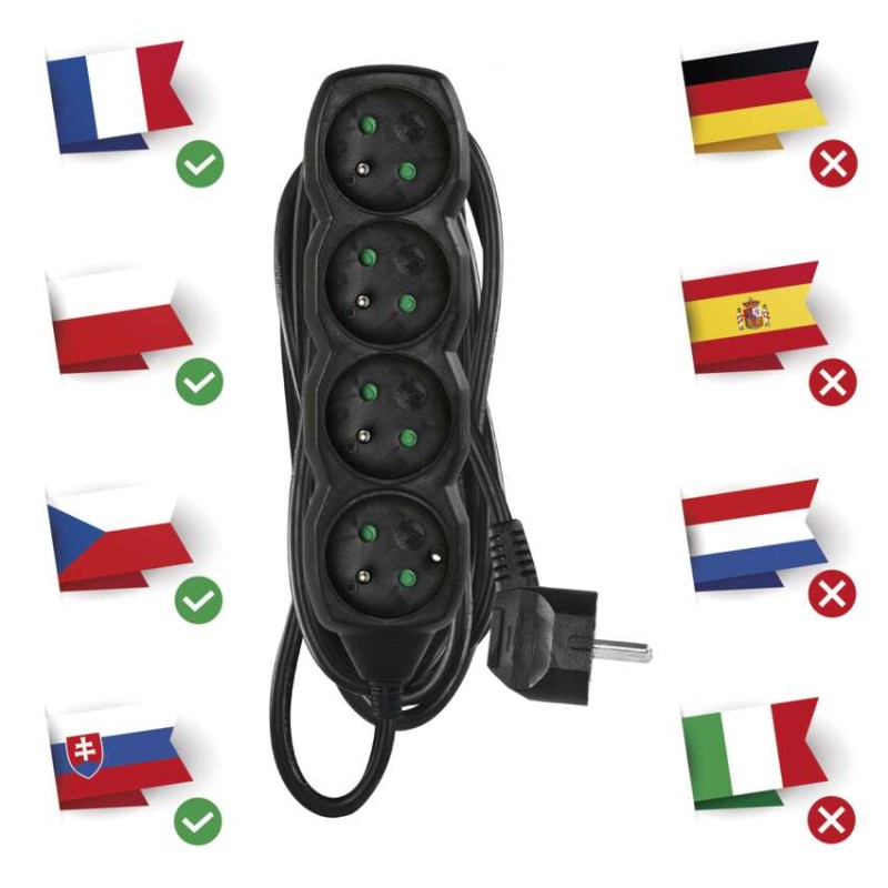 Przedłużacz 5 m / 4 gniazda / czarny / PVC / 1,5 mm2