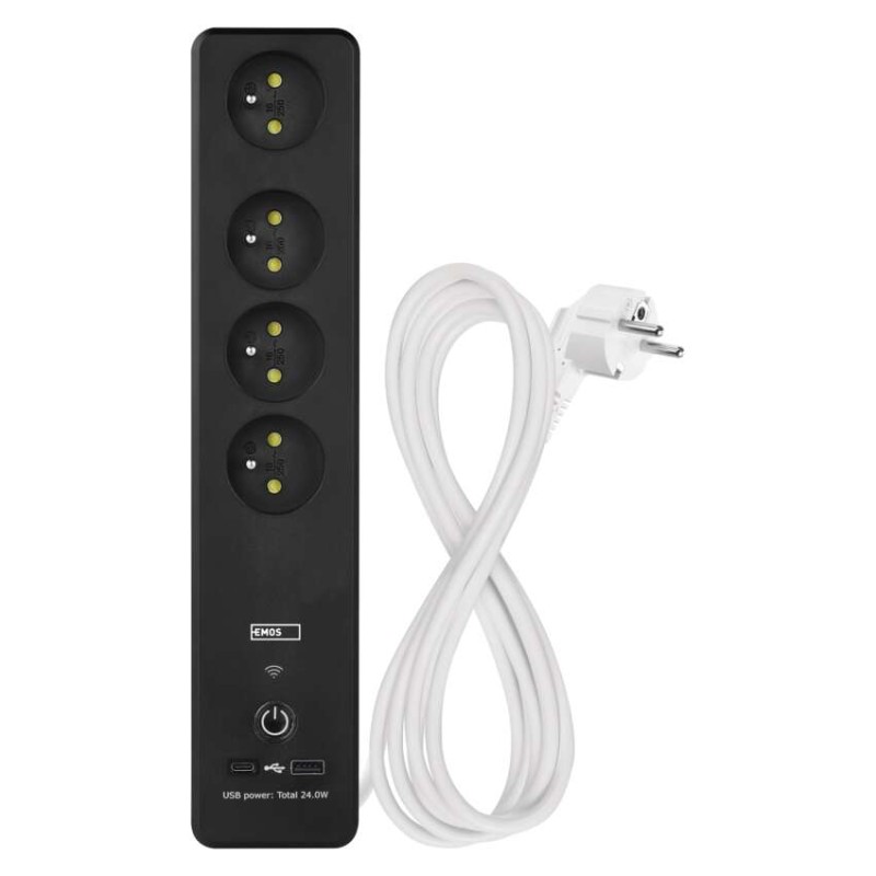 GoSmart prodlužovací kabel 2 m / 4 zásuvky / s vyp. / s USB / bílá-černá / PVC / 1,5 mm2